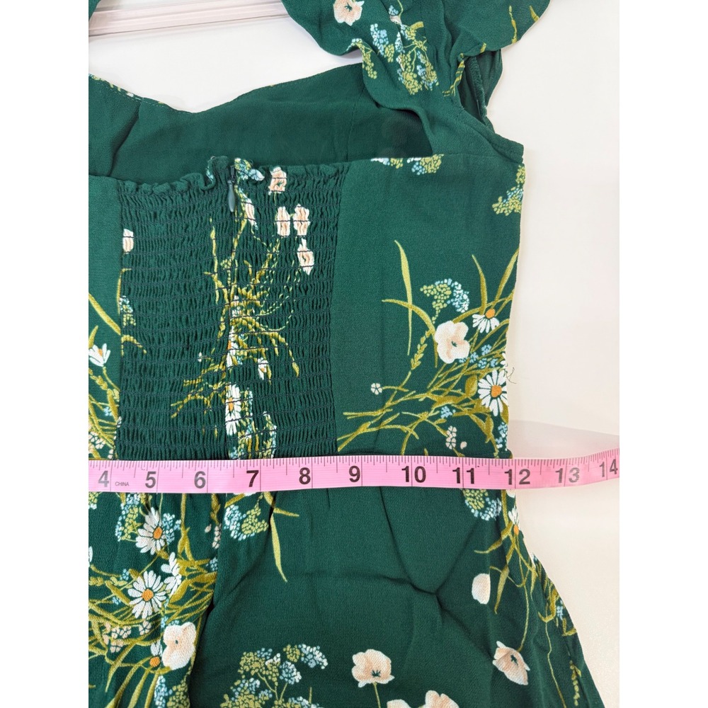 Reformation Midi Dress 6 Green Floral Smocked Back Cutout Ruffle Hem Sweetheart - Picture 8 of 11